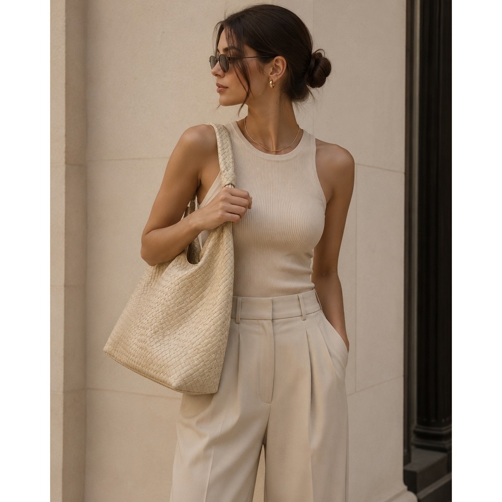 Ulta Woven Hobo Bag Cream Beige Knotted Strap Intrecciato Style Shoulder Bag